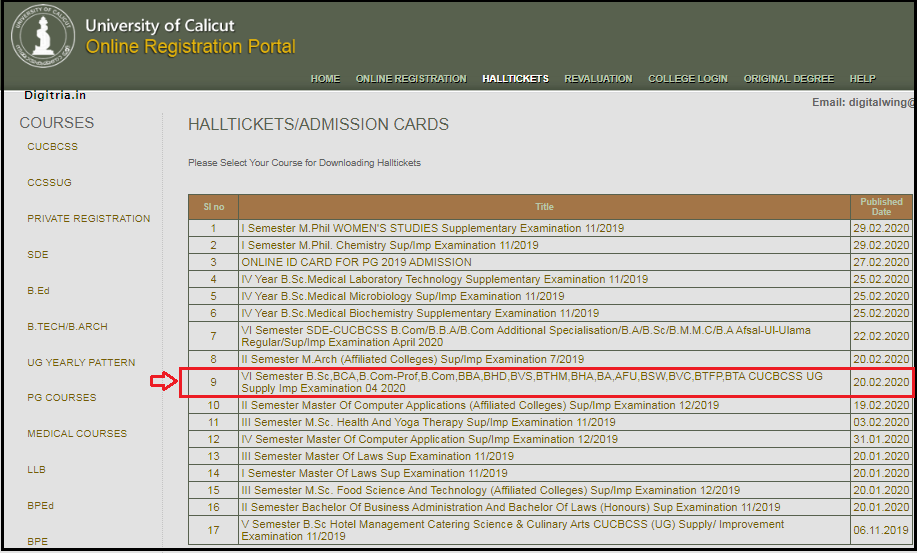 Calicut University Hall Ticket page