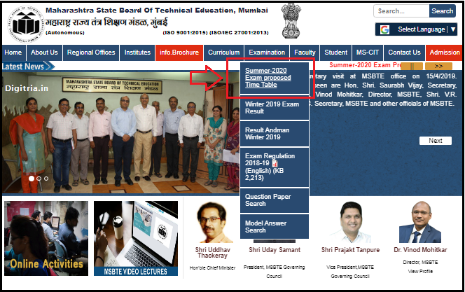Select Examination option of MSBTE Hall Ticket