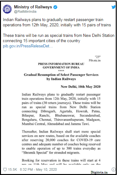 Official tweet by Indian Railways: