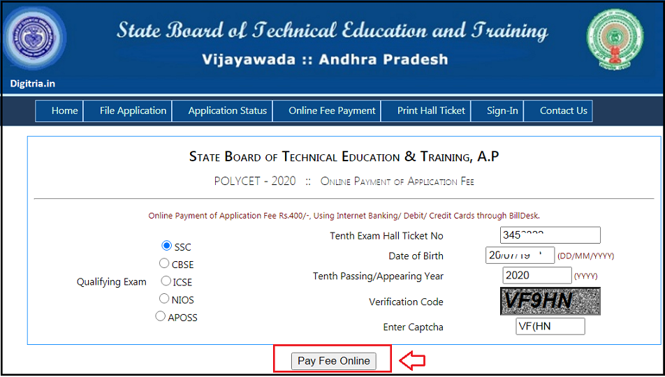 pay Fee online of AP POLYCET 2020
