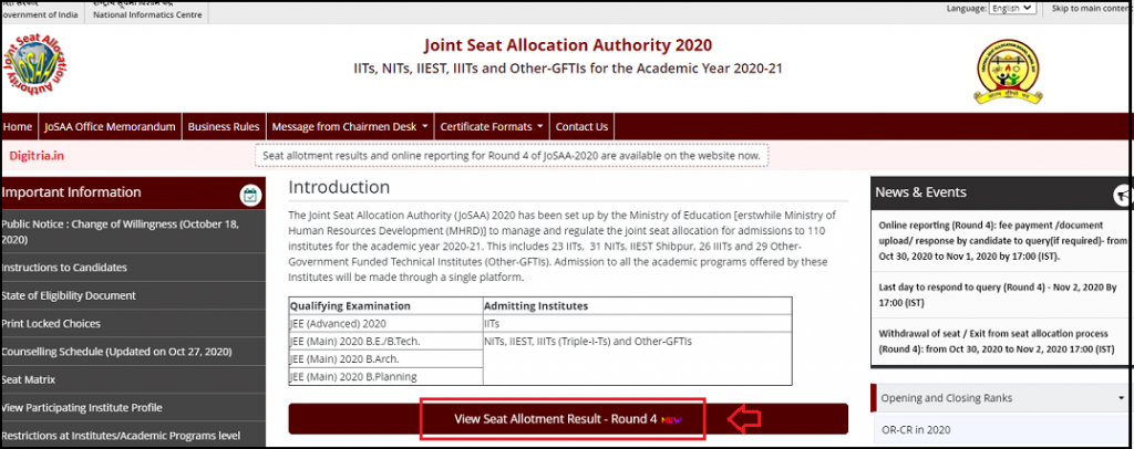 Click on Seat allotment Results link