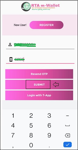 click on submit button of RTA m wallet app