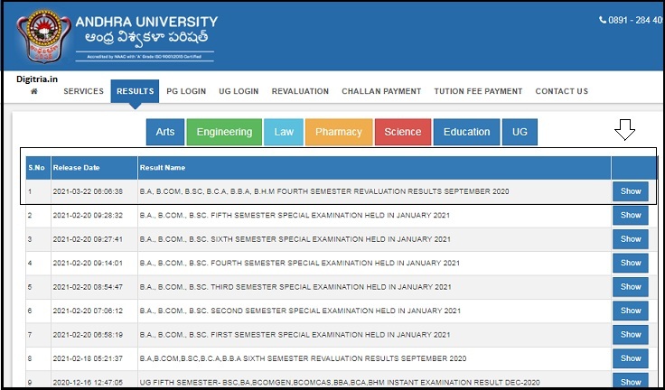 Find the link of AU Degree Revaluation Results
