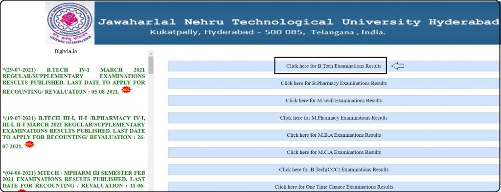 select the B.tech examination Results link