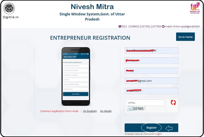 Enter details on the Nivesh Mitra portal