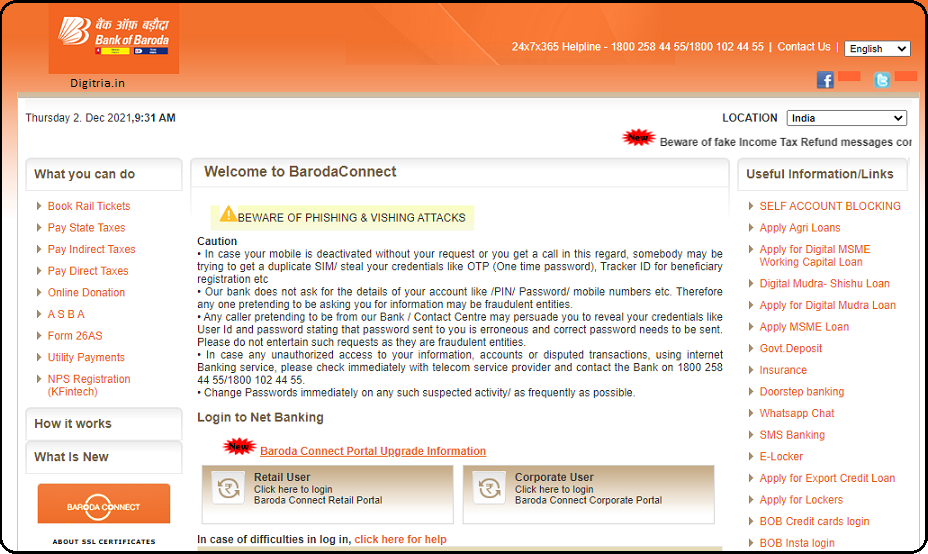 Bank of Baroda Netbanking Registration page